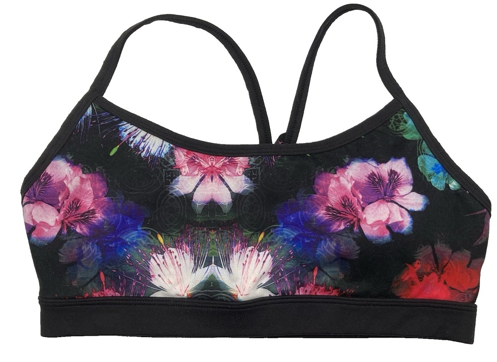 Betsey Johnson Sports Bra S Black Pink Floral Racerback Padded Removeable Cups